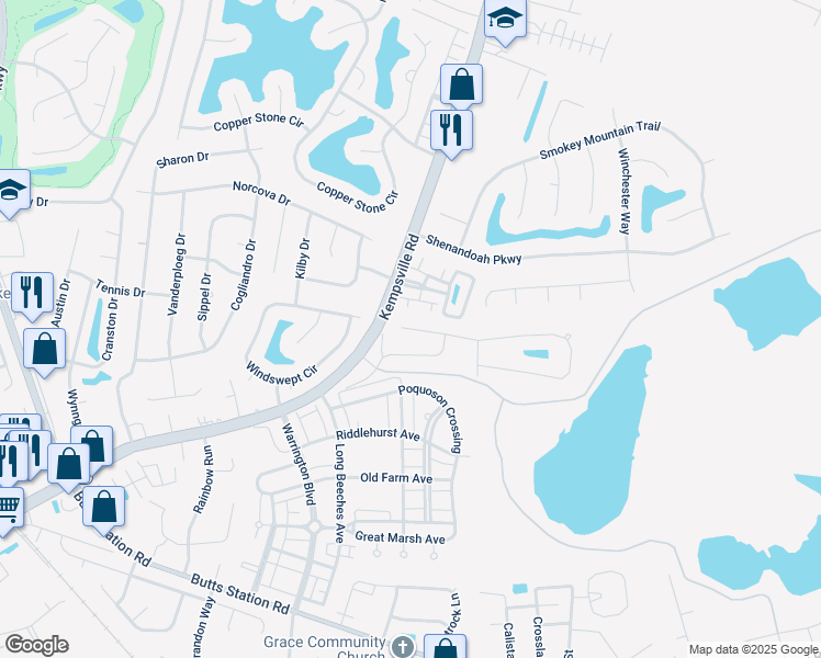 map of restaurants, bars, coffee shops, grocery stores, and more near 1404 Kemp Bridge Drive in Chesapeake