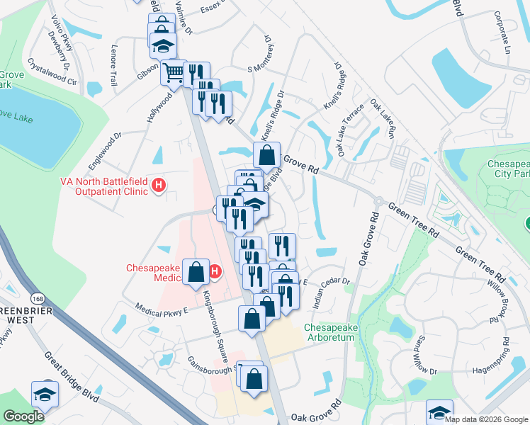 map of restaurants, bars, coffee shops, grocery stores, and more near 650 Ridge Circle in Chesapeake