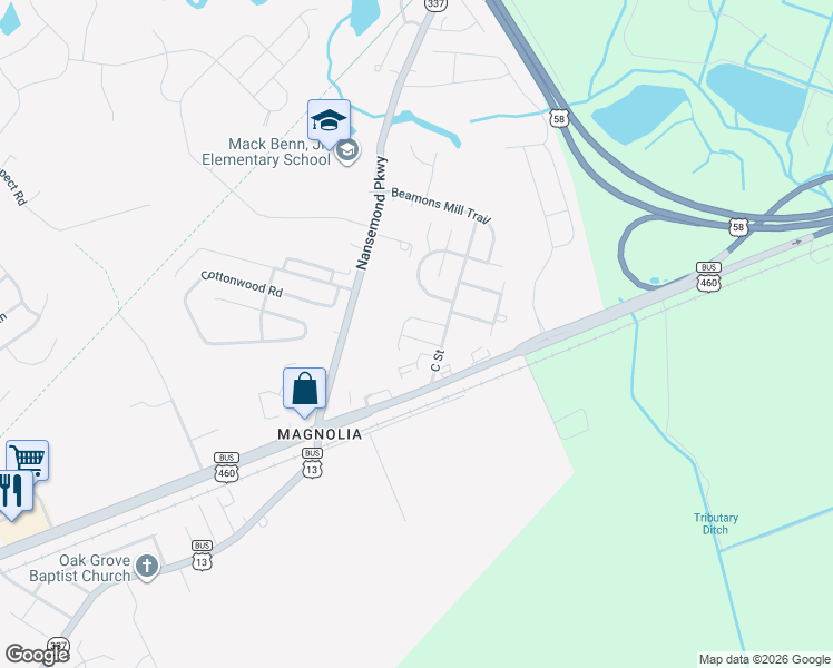 map of restaurants, bars, coffee shops, grocery stores, and more near 118 C Street in Suffolk