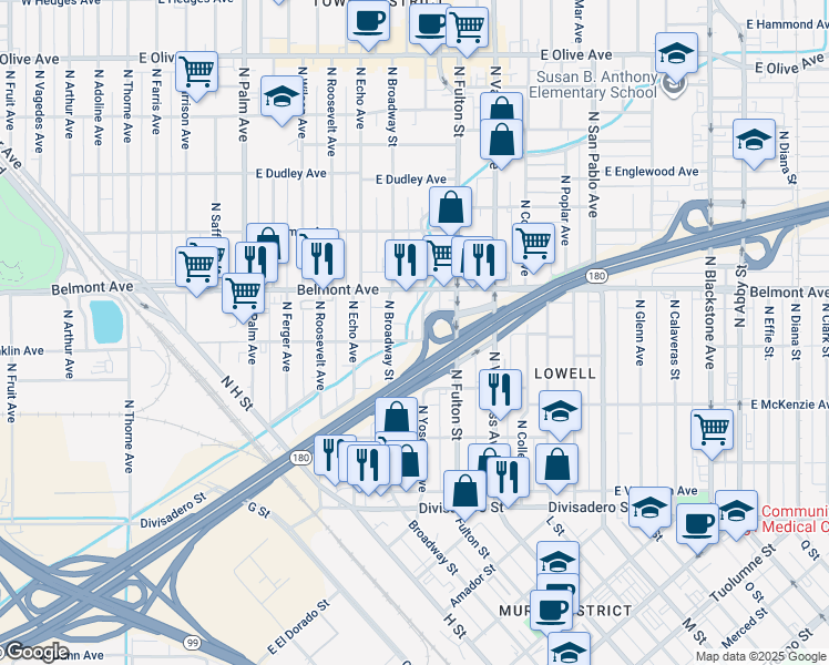 map of restaurants, bars, coffee shops, grocery stores, and more near 757 East Franklin Avenue in Fresno