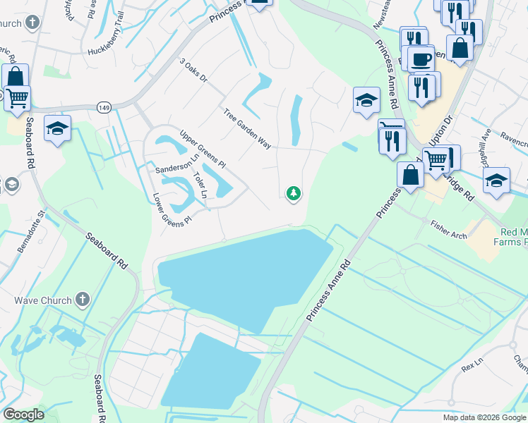 map of restaurants, bars, coffee shops, grocery stores, and more near 2389 Locksley Arch in Virginia Beach