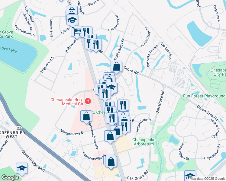 map of restaurants, bars, coffee shops, grocery stores, and more near 636 Ridge Circle in Chesapeake