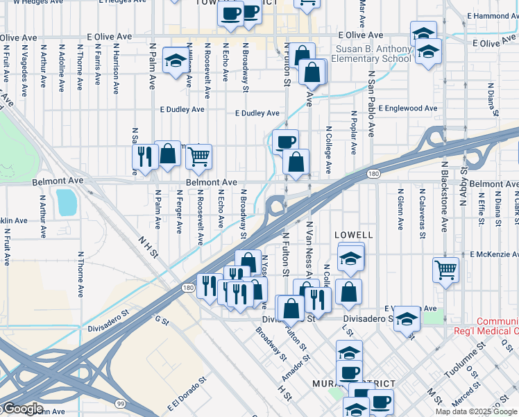 map of restaurants, bars, coffee shops, grocery stores, and more near 757 East Franklin Avenue in Fresno