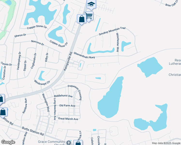 map of restaurants, bars, coffee shops, grocery stores, and more near 1404 Kemp Bridge Drive in Chesapeake