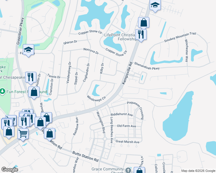 map of restaurants, bars, coffee shops, grocery stores, and more near 1007 Rabbit Run in Chesapeake