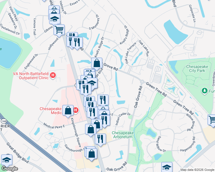 map of restaurants, bars, coffee shops, grocery stores, and more near 729 Ridge Circle in Chesapeake