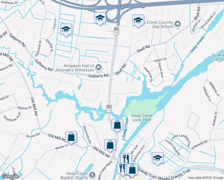 map of restaurants, bars, coffee shops, grocery stores, and more near 329 George Washington Highway North in Chesapeake
