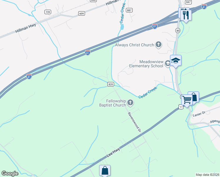map of restaurants, bars, coffee shops, grocery stores, and more near 28300-28398 Windchime Drive in Meadowview