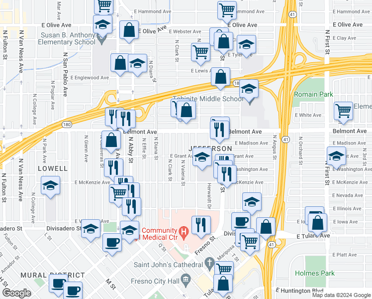 map of restaurants, bars, coffee shops, grocery stores, and more near 422 North Valeria Street in Fresno