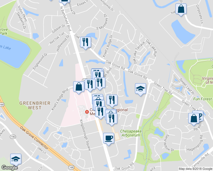 map of restaurants, bars, coffee shops, grocery stores, and more near 208 Attwick Court in Chesapeake