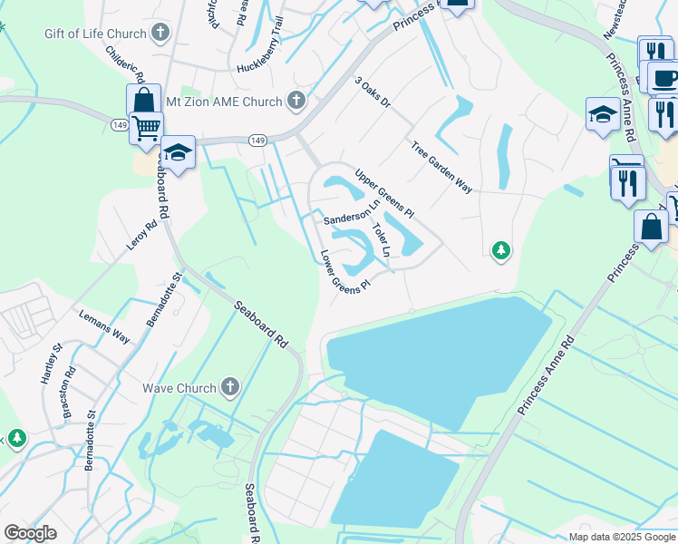 map of restaurants, bars, coffee shops, grocery stores, and more near 2581 Lower Greens Place in Virginia Beach