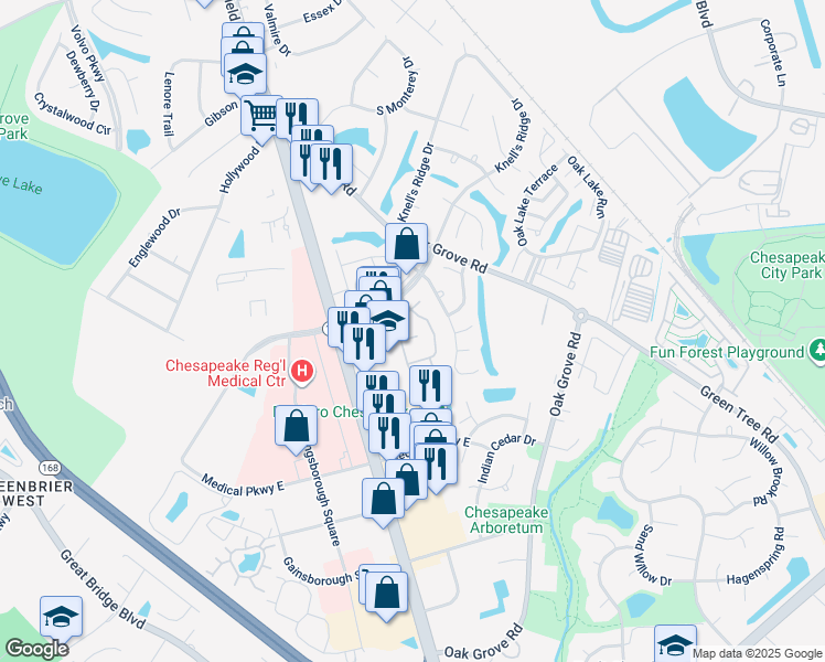 map of restaurants, bars, coffee shops, grocery stores, and more near 208 Attwick Court in Chesapeake