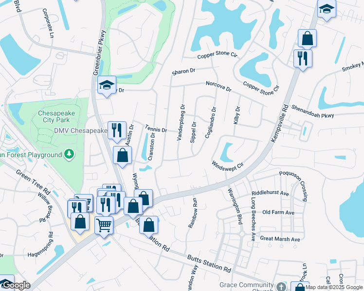 map of restaurants, bars, coffee shops, grocery stores, and more near 1013 Vanderploeg Drive in Chesapeake
