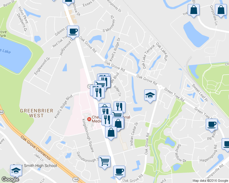 map of restaurants, bars, coffee shops, grocery stores, and more near 210 Attwick Court in Chesapeake