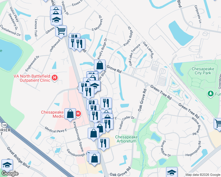 map of restaurants, bars, coffee shops, grocery stores, and more near 729 Ridge Circle in Chesapeake