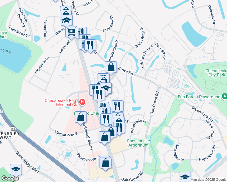 map of restaurants, bars, coffee shops, grocery stores, and more near 210 Attwick Court in Chesapeake