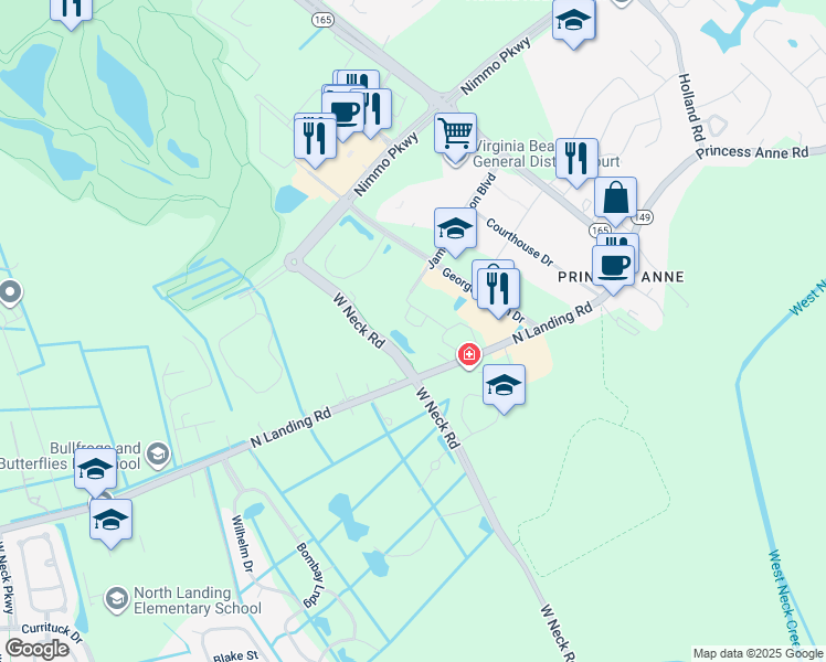 map of restaurants, bars, coffee shops, grocery stores, and more near 2528 Brewer Arch in Virginia Beach