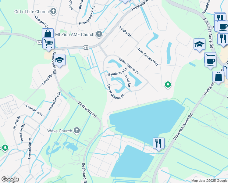 map of restaurants, bars, coffee shops, grocery stores, and more near 2581 Lower Greens Place in Virginia Beach