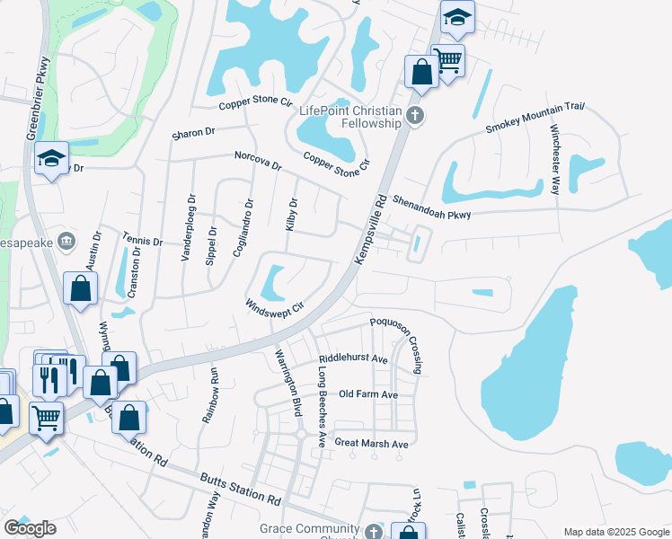map of restaurants, bars, coffee shops, grocery stores, and more near 1200 Windswept Circle in Chesapeake