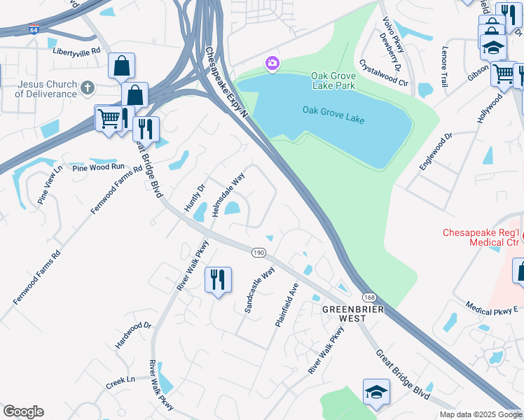 map of restaurants, bars, coffee shops, grocery stores, and more near 706 Nesting Place in Chesapeake