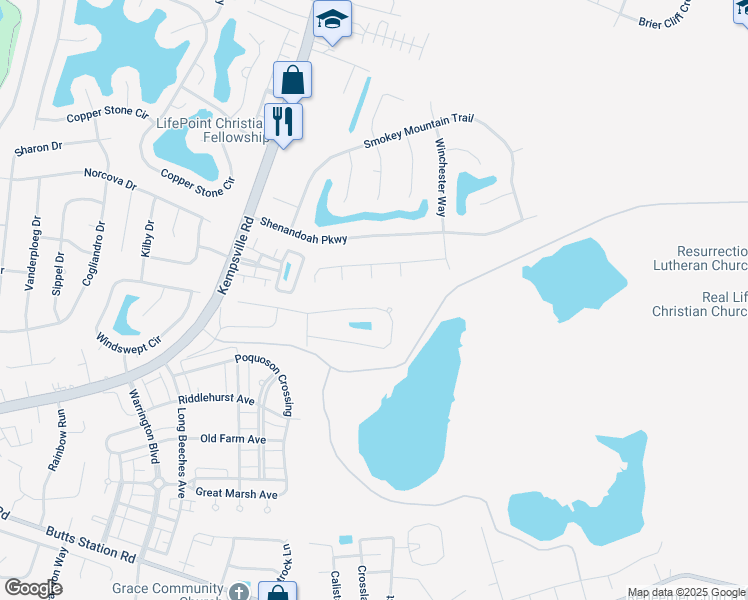 map of restaurants, bars, coffee shops, grocery stores, and more near 1415 Kemp Bridge Drive in Chesapeake