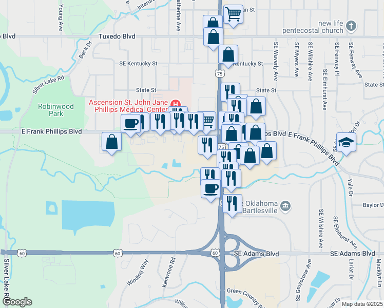 map of restaurants, bars, coffee shops, grocery stores, and more near 501 Southeast Washington Boulevard in Bartlesville