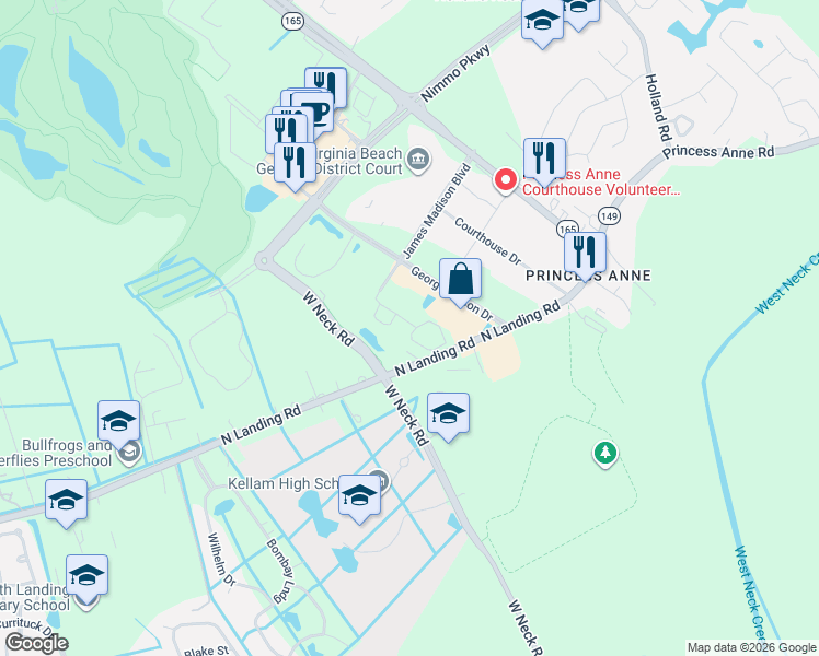 map of restaurants, bars, coffee shops, grocery stores, and more near 2628 Magnolia Green Loop in Virginia Beach