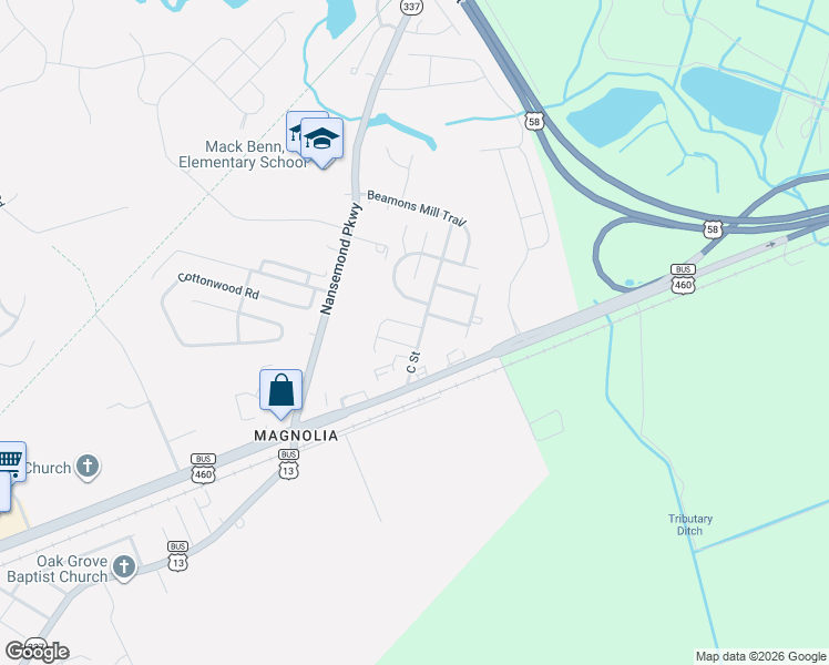 map of restaurants, bars, coffee shops, grocery stores, and more near 115 C Street in Suffolk