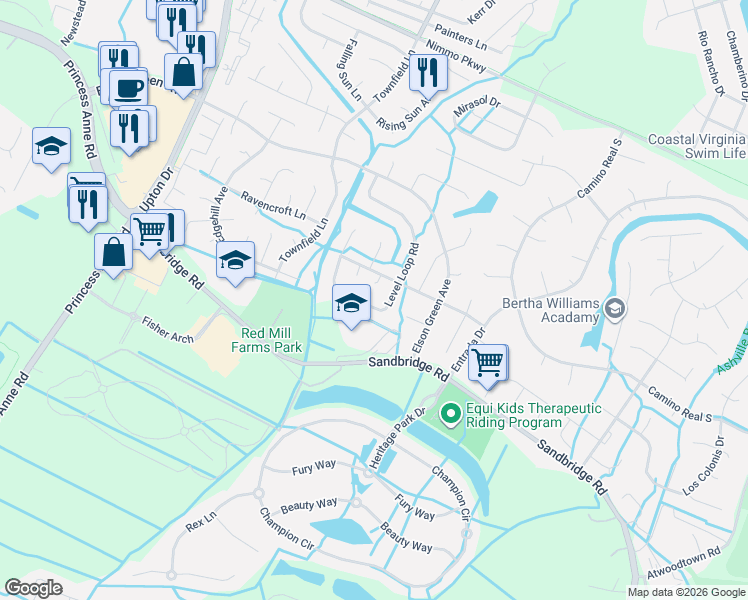 map of restaurants, bars, coffee shops, grocery stores, and more near 2604 Level Loop Road in Virginia Beach