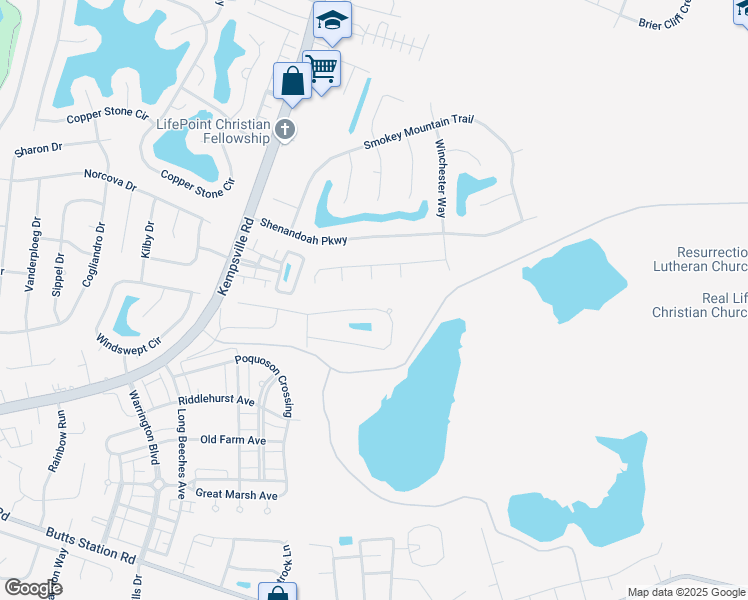map of restaurants, bars, coffee shops, grocery stores, and more near 1415 Kemp Bridge Drive in Chesapeake