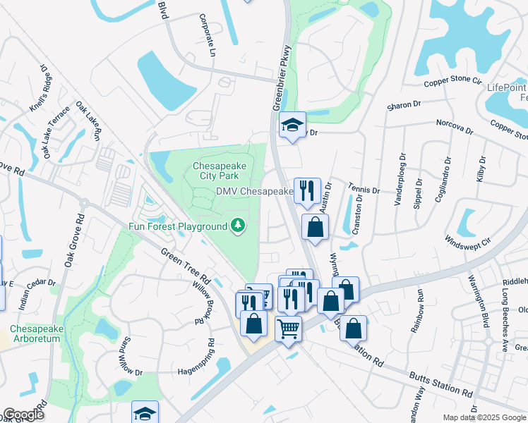 map of restaurants, bars, coffee shops, grocery stores, and more near 912 Lee Shore Court in Chesapeake