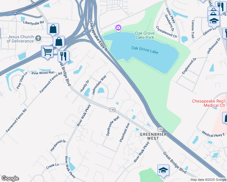 map of restaurants, bars, coffee shops, grocery stores, and more near 706 Nesting Place in Chesapeake