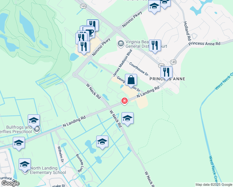 map of restaurants, bars, coffee shops, grocery stores, and more near 2504 Brewer Arch in Virginia Beach