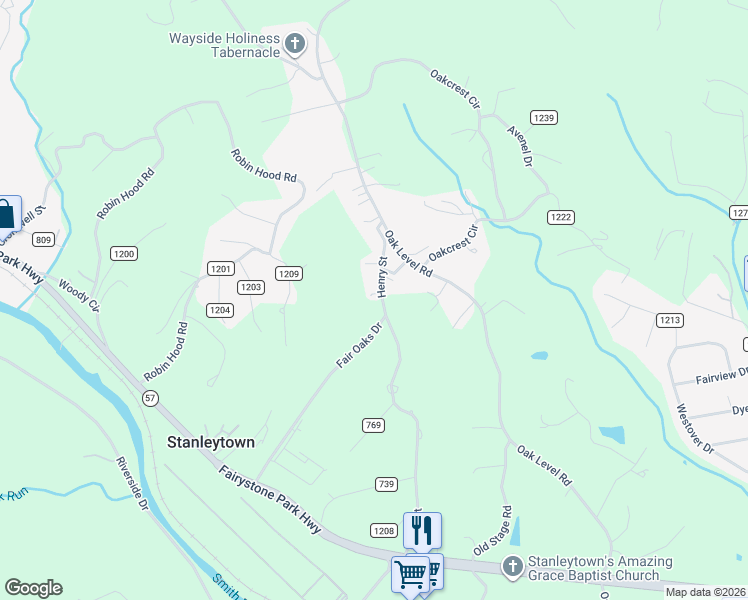 map of restaurants, bars, coffee shops, grocery stores, and more near Fair Oaks Drive in Stanleytown