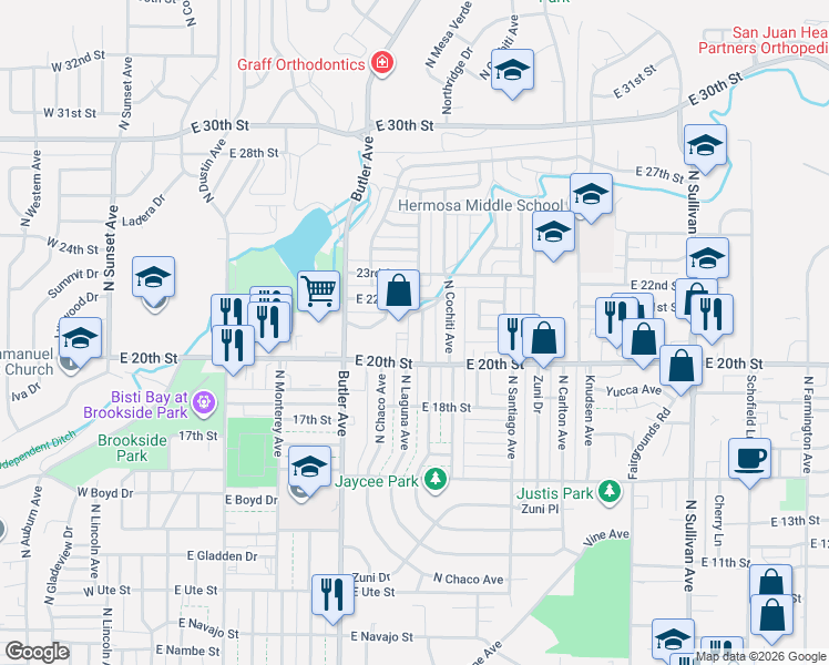 map of restaurants, bars, coffee shops, grocery stores, and more near 2001 North Mesa Verde Avenue in Farmington