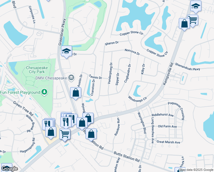 map of restaurants, bars, coffee shops, grocery stores, and more near 1012 Vanderploeg Drive in Chesapeake