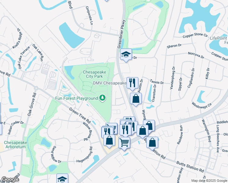 map of restaurants, bars, coffee shops, grocery stores, and more near 912 Lee Shore Court in Chesapeake