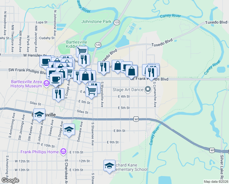 map of restaurants, bars, coffee shops, grocery stores, and more near 400 South Seneca Avenue in Bartlesville