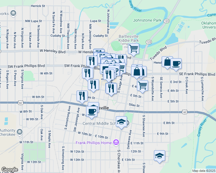 map of restaurants, bars, coffee shops, grocery stores, and more near 500 South Johnstone Avenue in Bartlesville
