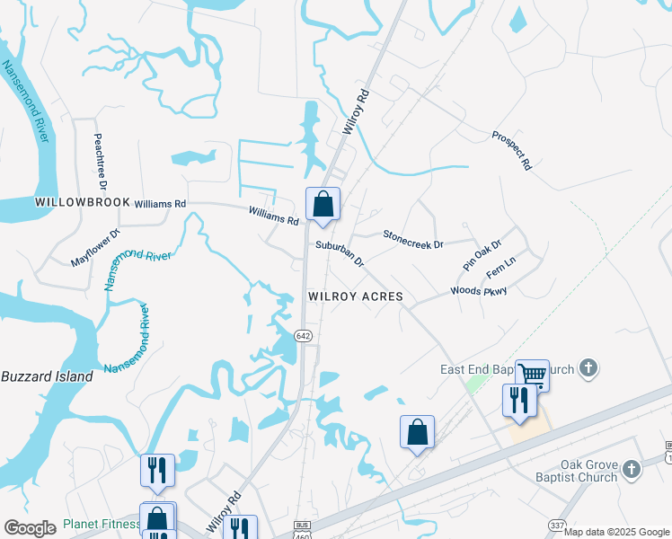 map of restaurants, bars, coffee shops, grocery stores, and more near 324 Bruce Street in Suffolk