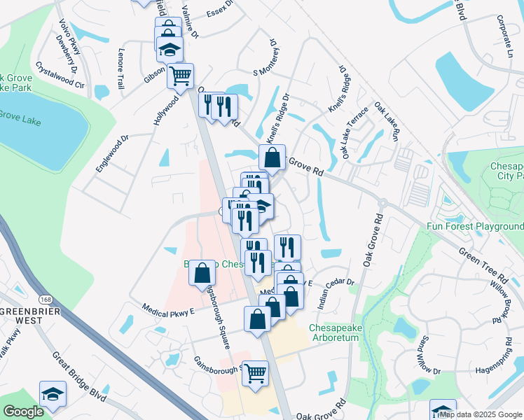 map of restaurants, bars, coffee shops, grocery stores, and more near 602 Ridge Circle in Chesapeake