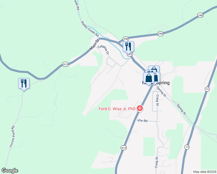 map of restaurants, bars, coffee shops, grocery stores, and more near 2 Larocka Way in Reeds Spring