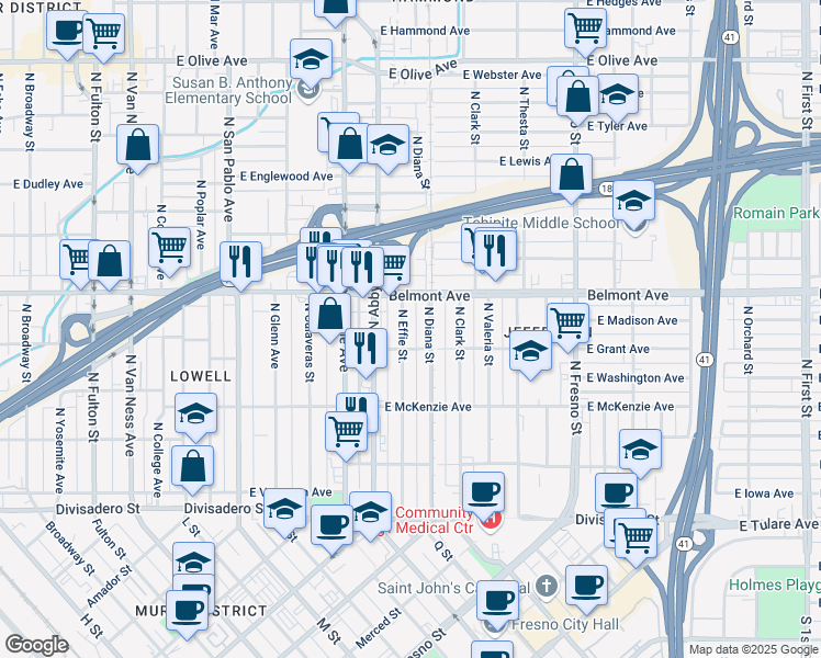 map of restaurants, bars, coffee shops, grocery stores, and more near 428 North Effie Street in Fresno