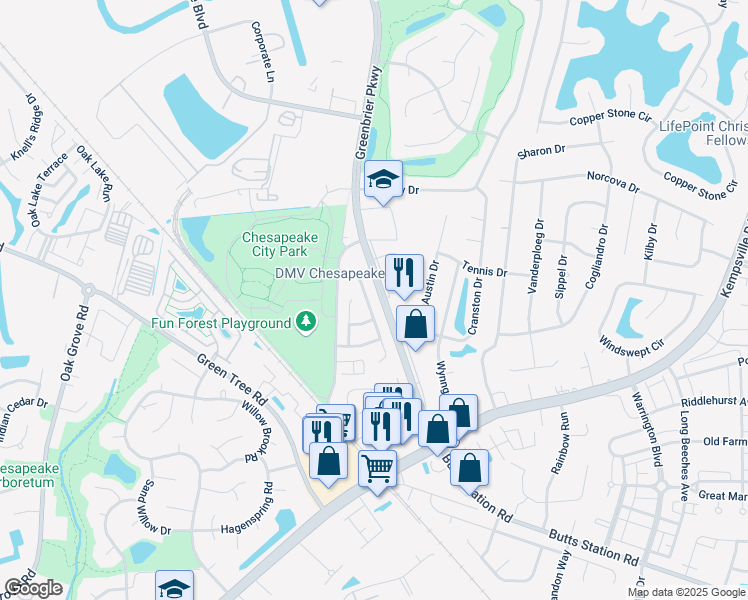 map of restaurants, bars, coffee shops, grocery stores, and more near 516 Windward Drive in Chesapeake