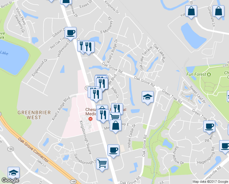 map of restaurants, bars, coffee shops, grocery stores, and more near 755 Ridge Circle in Chesapeake