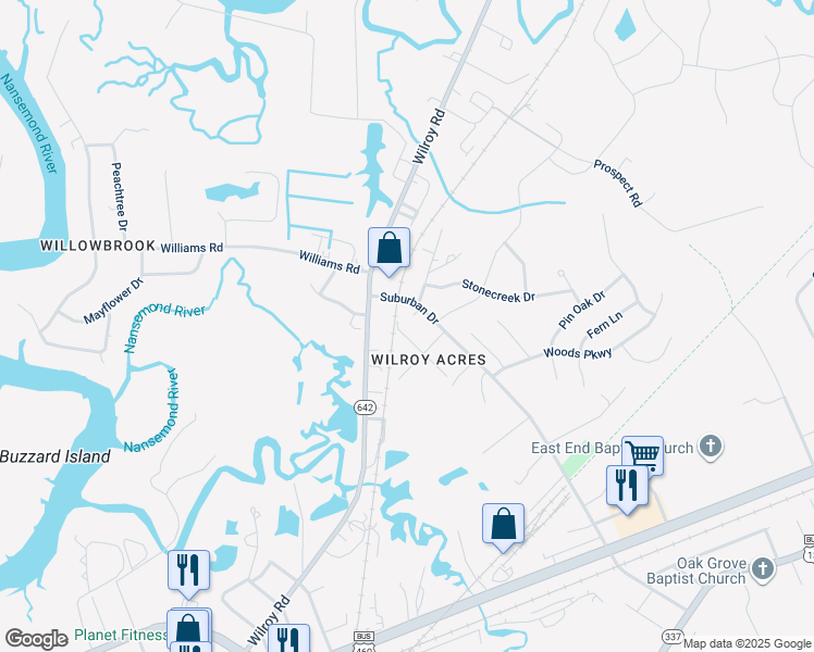 map of restaurants, bars, coffee shops, grocery stores, and more near 324 Bruce Street in Suffolk
