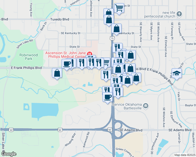 map of restaurants, bars, coffee shops, grocery stores, and more near 501 Southeast Washington Boulevard in Bartlesville
