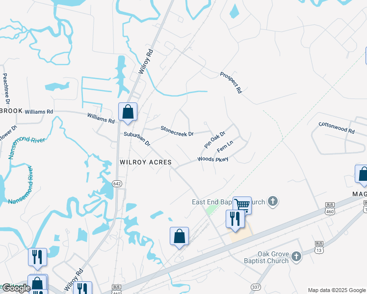 map of restaurants, bars, coffee shops, grocery stores, and more near 308 Peachwood Court in Suffolk