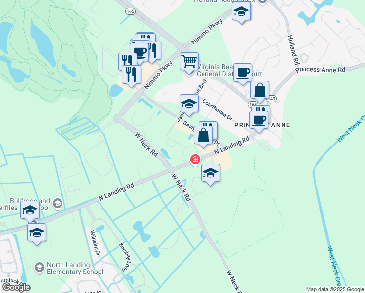 map of restaurants, bars, coffee shops, grocery stores, and more near 2628 Magnolia Green Loop in Virginia Beach