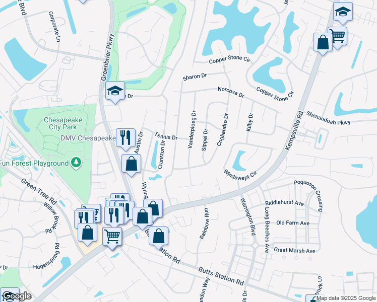 map of restaurants, bars, coffee shops, grocery stores, and more near 1012 Vanderploeg Drive in Chesapeake